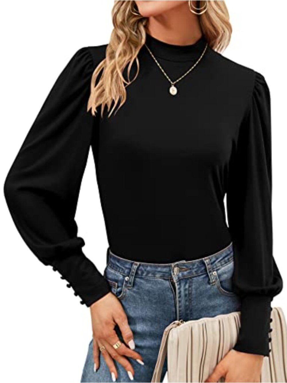 Womens Mock Neck Puff Long Sleeve Tunic Top Button Cuffs